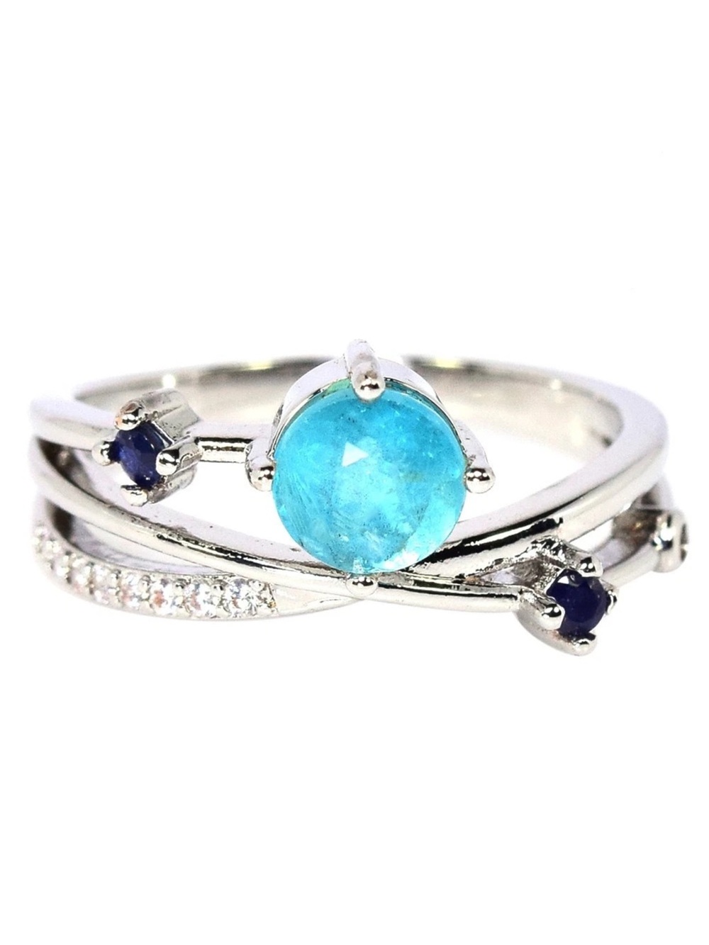 Very pretty Blue Apatite Sapphire & Zircon 925 Sterling Silver Ring Sz 7.25